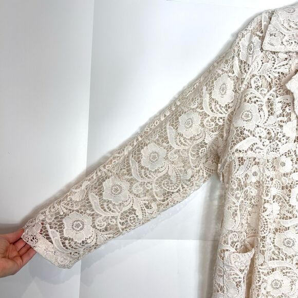 Chico's Trench Jacket Women XL Cream Floral Eyelet Lace Sheer Long Sleeve Coat 3 - Picture 8 of 14